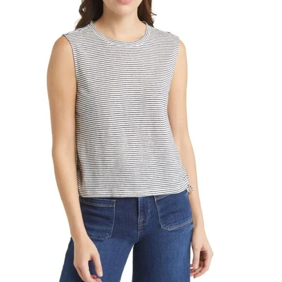 FRAME Denim Stripe Side Cinch Muscle Tee Tank Linen Size Small - Picture 1 of 5
